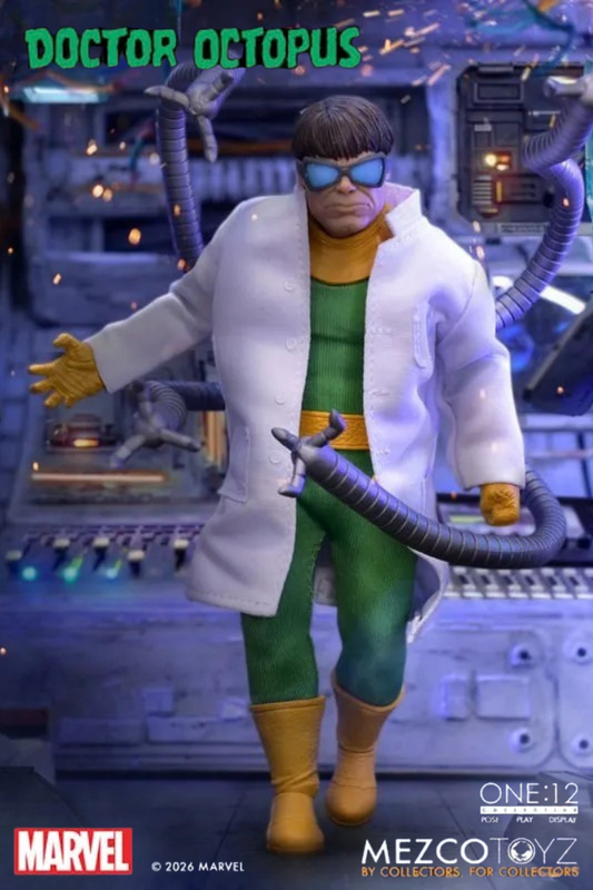 Figura articulada Doctor Octopus de Marvel Spider-Man, colección One:12 Collective de Mezco Toys, de 16 cm, con traje verde y amarillo, tentáculos mecánicos y accesorios intercambiables.
