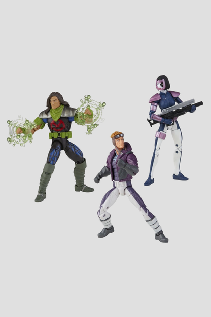 Pack de tres figuras Marvel Legends X-Force de Hasbro con Domino, Rictor y Cannonball, de aproximadamente 15 cm, articuladas y con accesorios.