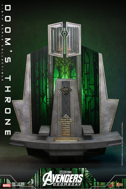 Accesorio Doom's Throne de Hot Toys basado en Avengers: Doomsday a escala 1/6, con 33 cm de altura y diseñado para figuras de Doctor Doom.