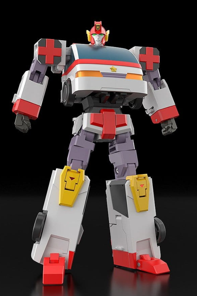 Figura transformable Duke Fire de Brave Police J-Decker, colección The Gattai de Good Smile Company, de 25 cm, con armadura roja, blanca y gris y detalles dorados.