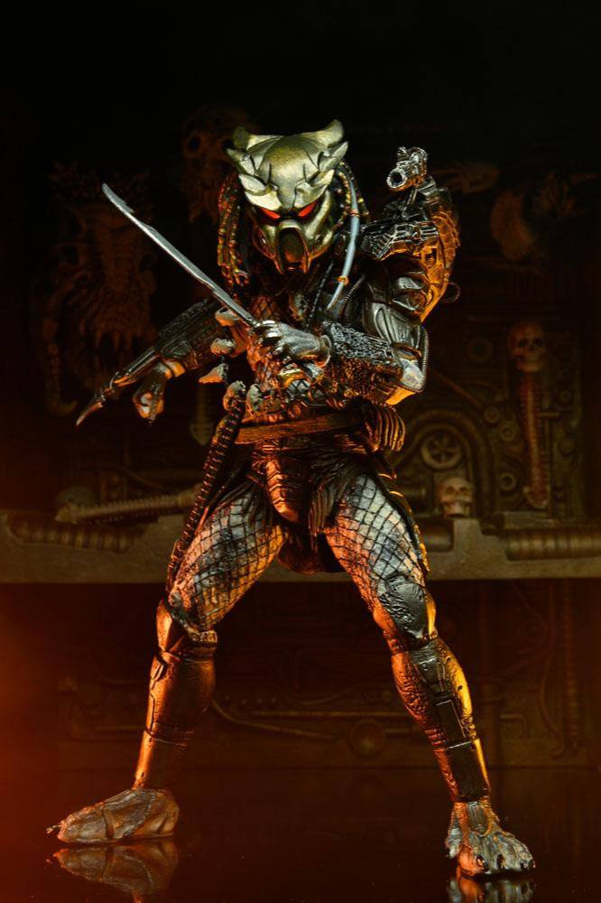 Figura Ultimate de Elder Predator de Depredador 2 fabricada por NECA, con armadura, armas y accesorios inspirados en la Tribu Perdida.