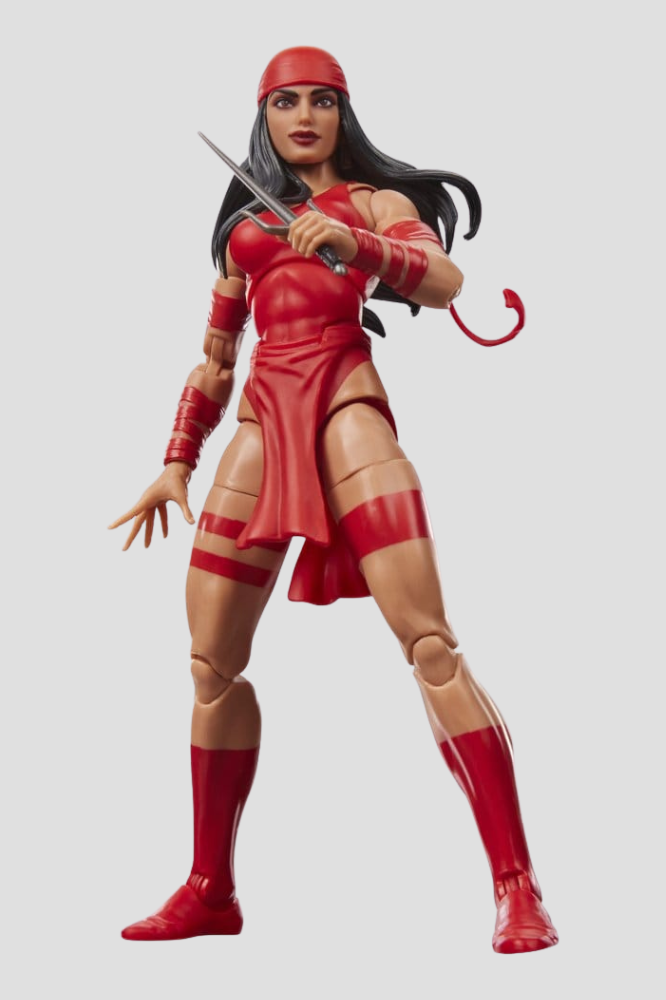 Figura articulada Elektra de Marvel Legends Hasbro de 15 cm, con traje rojo, armas sai, manos intercambiables y cómic en miniatura de Daredevil #181.