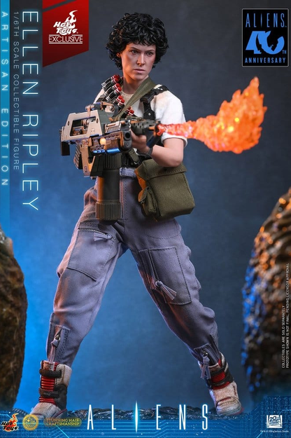 Figura Hot Toys Ellen Ripley Artisan Edition Deluxe a escala 1/6 de Aliens con cabello implantado, rifle de pulso M41A, Ovomorfo y base diorama Xenomorfa.