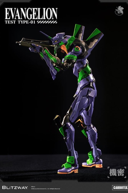 Figura Evangelion Unit-01 Test Type Standard Ver. de la línea CARBOTIX de BLITZWAY, con su característica armadura púrpura y verde y armamento.