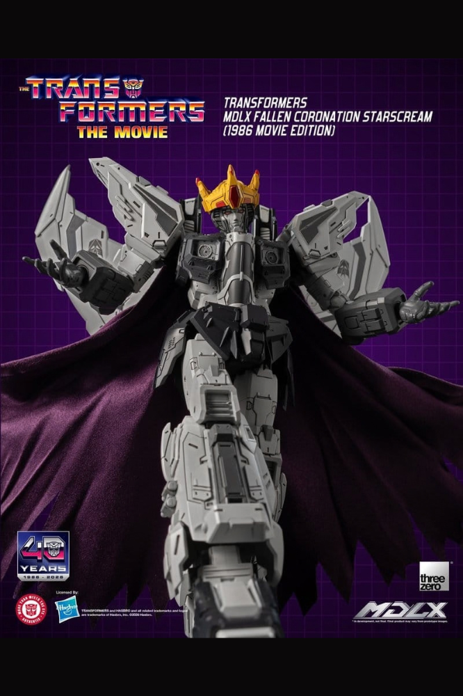Figura Fallen Coronation Starscream Transformers MDLX 1986 Movie Edition de Threezero de aproximadamente 20 cm con corona, capa y cerca de 50 puntos de articulación.