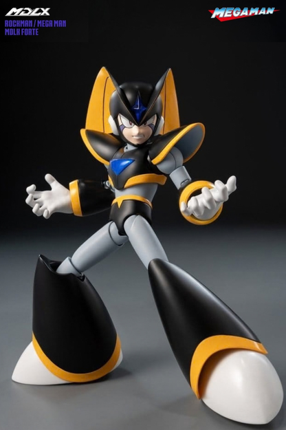 Figura Forte de Mega Man y Rockman MDLX de Threezero de aproximadamente 10 cm con 34 puntos de articulación, Forte Buster y accesorios intercambiables.