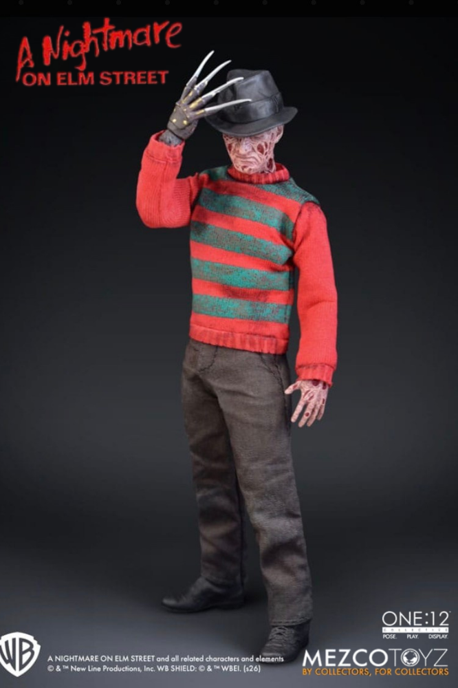 Figura Freddy Krueger de Pesadilla en Elm Street One:12 Collective a escala 1/12 de Mezco Toyz, de aproximadamente 17 cm, con ropa de tela, sombrero y guante con cuchillas.