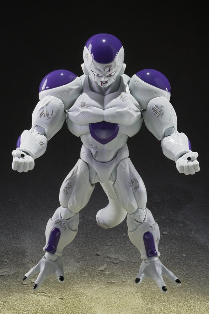 Figura oficial S.H.Figuarts de Frieza Full Power Battle Scarred Edition de Dragon Ball Z fabricada por Tamashii Nations, de aproximadamente 13 cm de altura con accesorios para recrear escenas del anime.