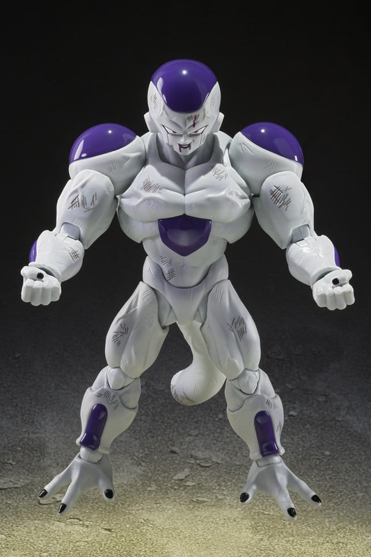 Figura oficial S.H.Figuarts de Frieza Full Power Battle Scarred Edition de Dragon Ball Z fabricada por Tamashii Nations, de aproximadamente 13 cm de altura con accesorios para recrear escenas del anime.