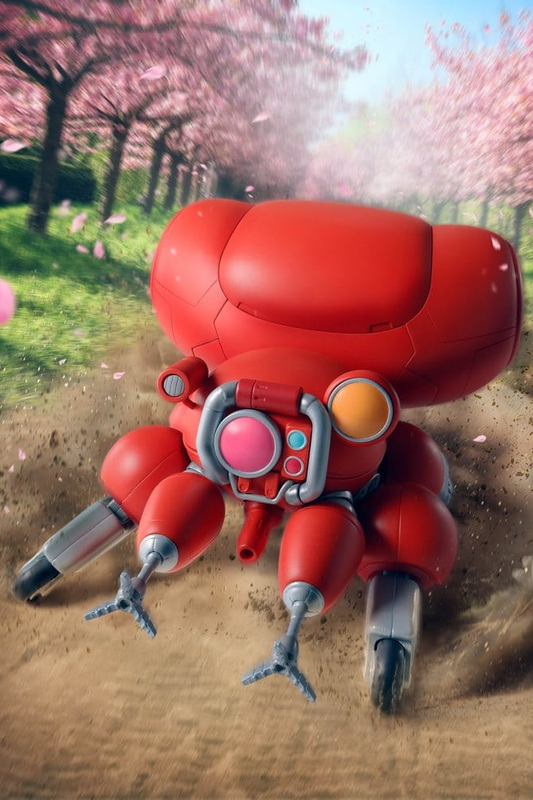 Figura The Robot Spirits de Fuchikoma basada en Ghost in the Shell, fabricada por Tamashii Nations, de 15 cm de longitud aproximada con expresiones intercambiables, cabina funcional y soporte de exposición.