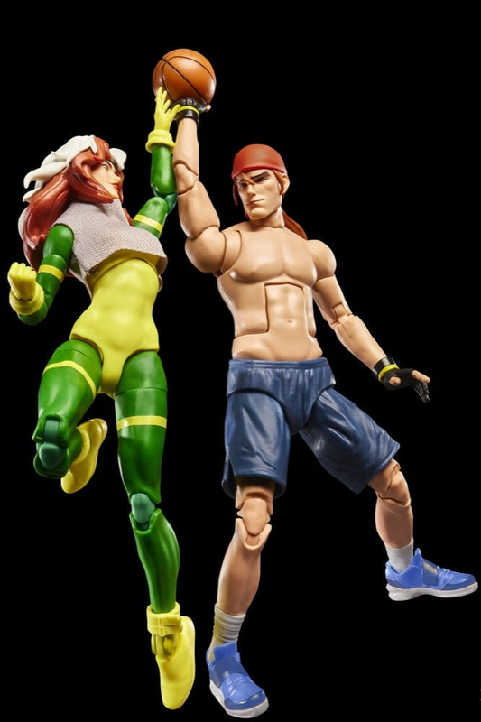 Pack de 2 figuras articuladas Gambit y Rogue de X-Men '97 Marvel Legends Hasbro, de 15 cm, con atuendos deportivos y balón de baloncesto.