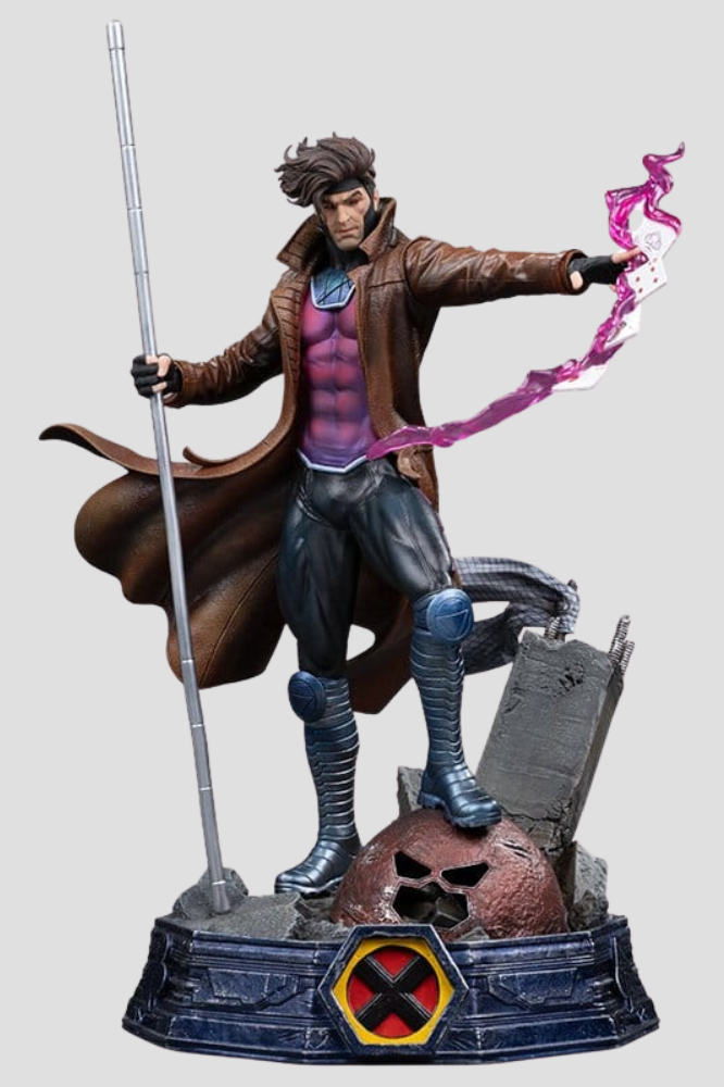 Estatua Gambito Unleashed de Marvel Comics Art Scale 1/10 de Iron Studios, fabricada en resina y con aproximadamente 28 cm de altura.