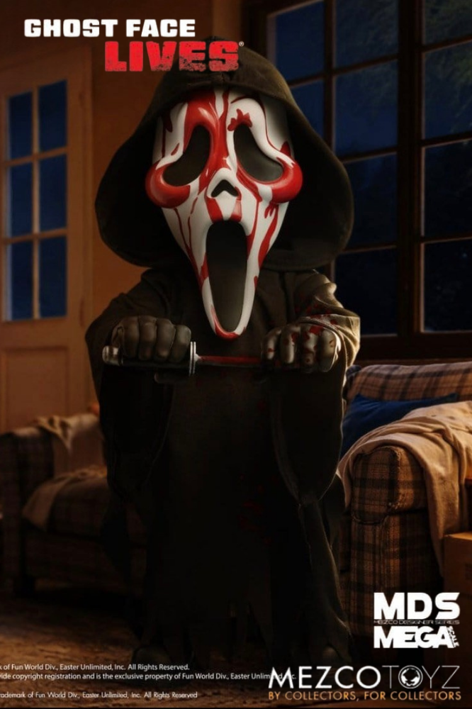 Ghost Face Bloody de Scream MDS Roto de Mezco Toyz con máscara ensangrentada y aproximadamente 38 cm de altura.