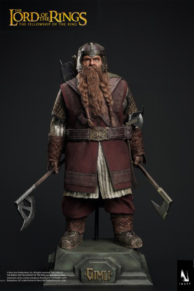 Figura de Gimli de INART a escala 1/6 de El Señor de los Anillos La Comunidad del Anillo, con cabello y barba implantados, cinco hachas metálicas y accesorios.