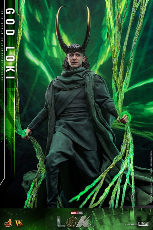 Figura God Loki DX de Marvel a escala 1/6 de Hot Toys con traje verde, casco con cuernos y base escénica inspirada en las líneas temporales.