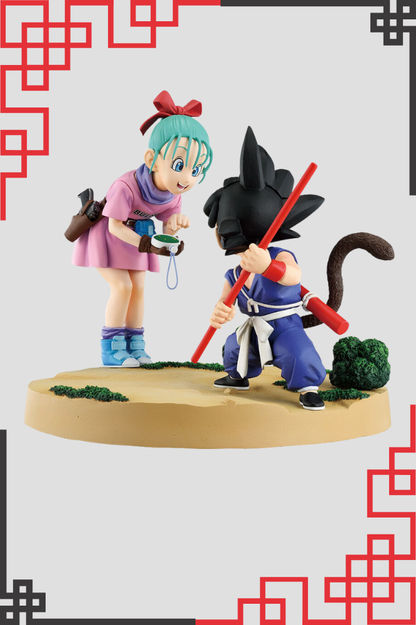 Figura oficial Ichibansho de Goku y Bulma Fantastic Adventure 3 de Dragon Ball fabricada por Banpresto, de aproximadamente 17 cm de altura, recreando una escena clásica del inicio de la serie