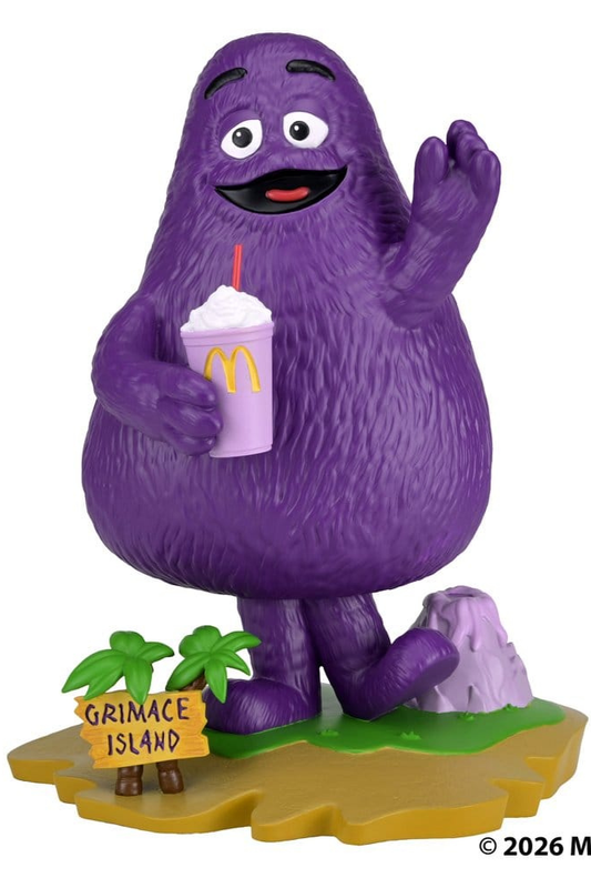 Figura Head Knocker de Grimace de McDonald's de aproximadamente 20 cm fabricada en resina y pintada a mano por NECA.