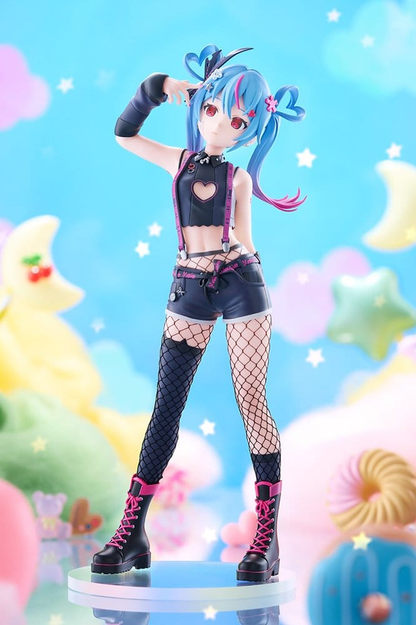 Figura de Hatsune Miku DecoMiku (Darkness) de Good Smile Company, colección POP UP PARADE L Size de 22 cm, con conjunto negro y rosa, medias de rejilla, botas de plataforma y cabello azul.