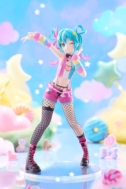 Figura de Hatsune Miku DecoMiku (Lightness) de Good Smile Company, colección POP UP PARADE L Size, 23 cm, con ropa rosa y turquesa, medias de rejilla y una alegre pose guiñando un ojo.