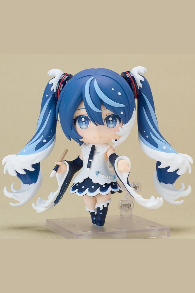 Figura Nendoroid Hatsune Miku Katsushika Hokusai Collaboration Ver. diseñada por Rella, de 10 cm, con vestuario azul y blanco y pincel, fabricada por Good Smile Company.