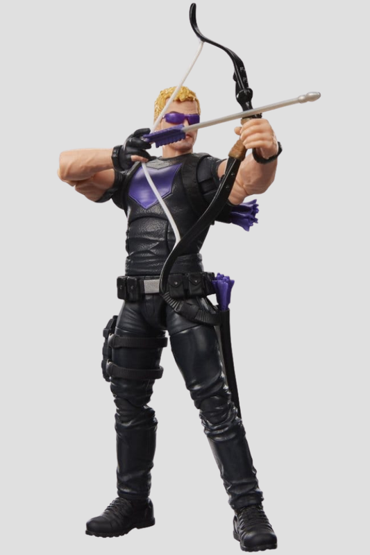 Figura articulada Hawkeye de Marvel Legends Hasbro de 15 cm, basada en el cómic Hawkeye #3 de 2012, con traje negro y morado, arco, flecha, cabeza alternativa y cómic en miniatura.