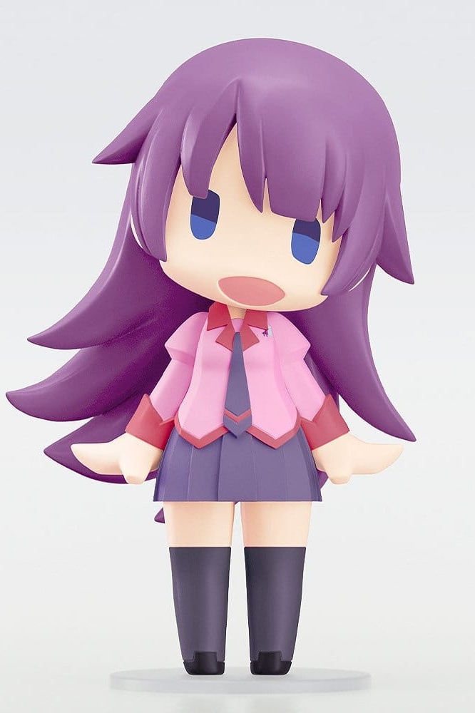 Figura Hitagi Senjyogahara de Monogatari Series, línea HELLO! GOOD SMILE de Good Smile Company, versión chibi de 10 cm con cabello violeta, uniforme escolar rosa y cabeza articulada.