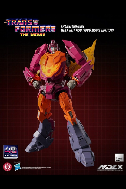 Figura Hot Rod Transformers MDLX 1986 Movie Edition de Threezero de aproximadamente 18 cm con 46 puntos de articulación y piezas metálicas.