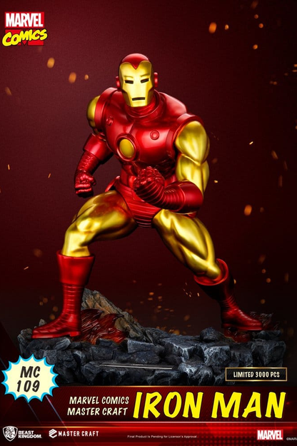 Estatua Iron Man Master Craft de Beast Kingdom inspirada en Marvel Comics con armadura clásica roja y dorada y 29 cm de altura.