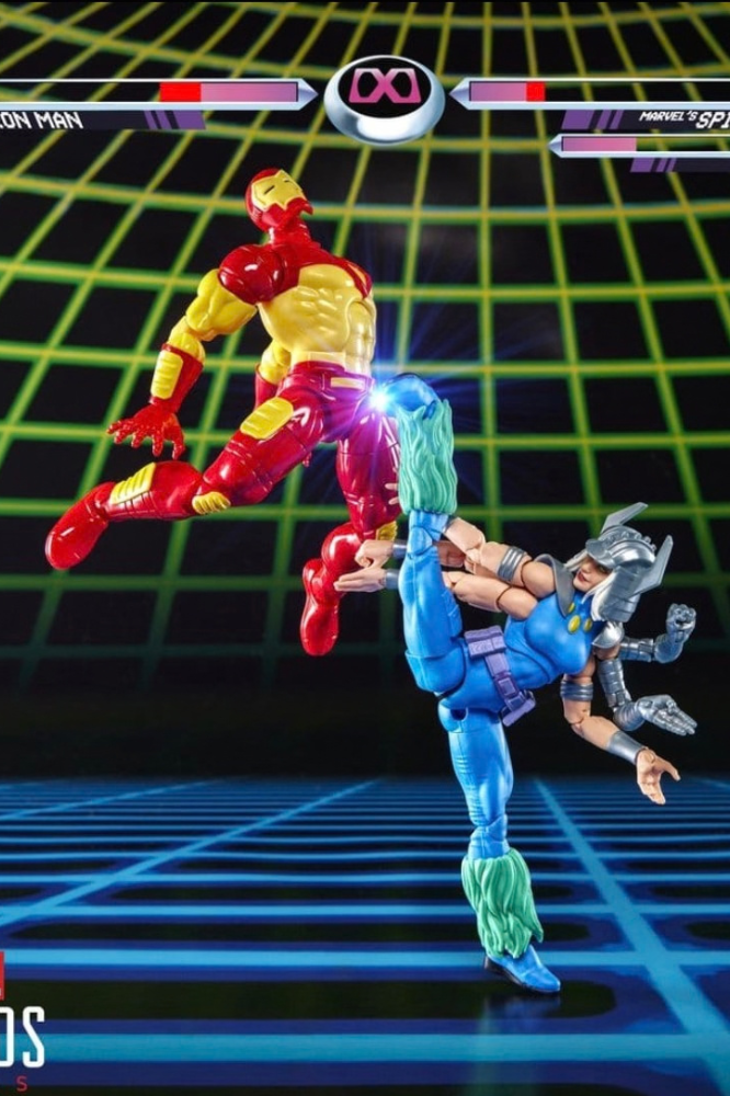 Pack Marvel Legends de Hasbro con figuras de Iron Man y Spiral de aproximadamente 15 cm, articuladas y con 21 accesorios inspirados en los clásicos videojuegos de Marvel.