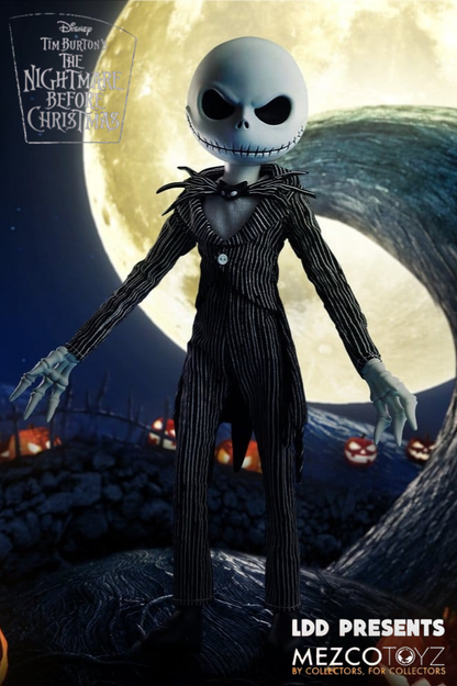 Figura Jack Skellington de Pesadilla Antes de Navidad, colección LDD Presents de Mezco Toyz, de 25 cm, con traje negro de rayas blancas, rostro esquelético y cinco puntos de articulación.