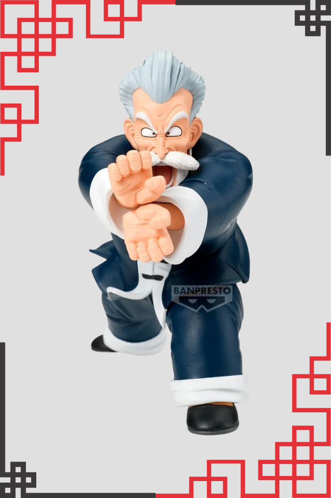 Figura Jackie Chun de Dragon Ball, colección Match Makers de Banpresto, 13 cm de altura, con traje oscuro y pose de combate frente a Son Goku.