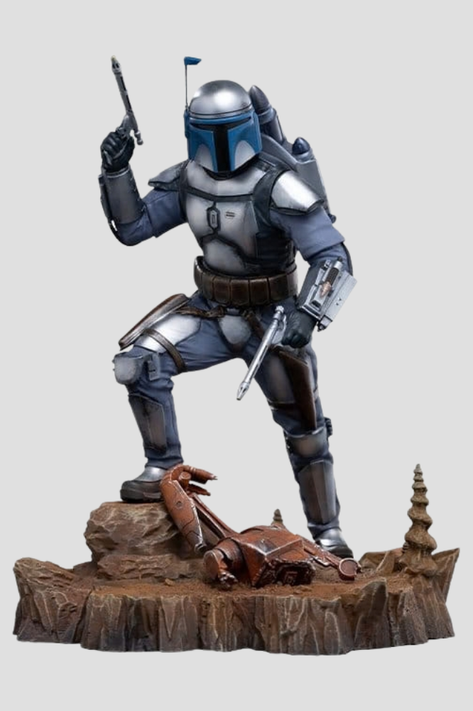 Estatua Jango Fett de Star Wars Art Scale 1/10 de Iron Studios, fabricada en resina y con aproximadamente 21 cm de altura.