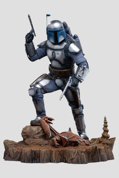 Estatua Jango Fett de Star Wars Art Scale 1/10 de Iron Studios, fabricada en resina y con aproximadamente 21 cm de altura.