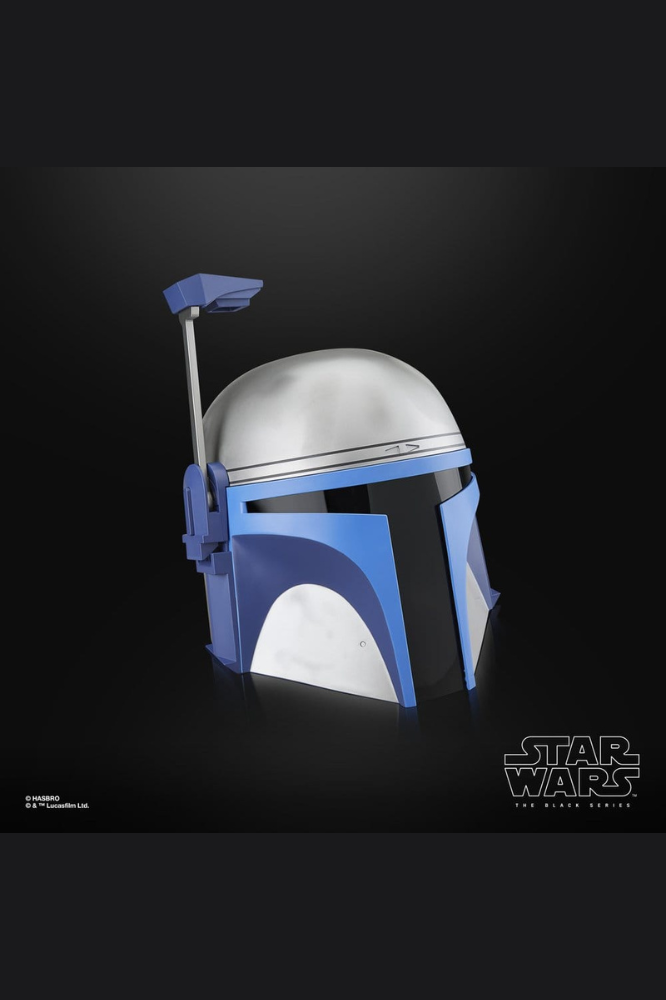 Casco electrónico de Jango Fett de Star Wars Episodio II, réplica a escala 1/1 de la línea The Black Series de Hasbro en azul y plateado.