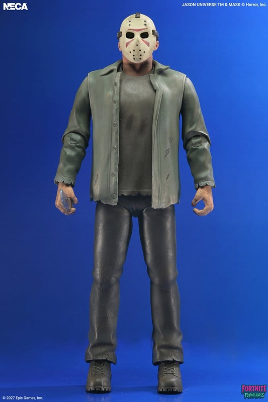 Figura de Jason Voorhees de Fortnite Fortnitemares de NECA de aproximadamente 18 cm, con su característica máscara de hockey y vestuario del videojuego.