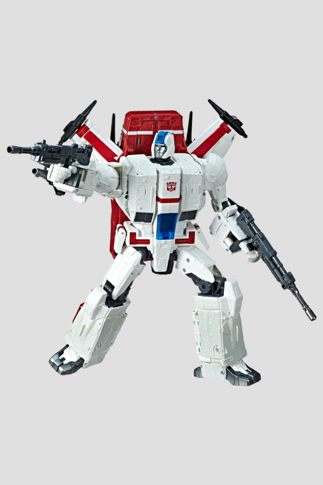 Figura Jetfire de Transformers War for Cybertron Siege Commander Class de Hasbro, 28 cm, transformable en jet cybertroniano, con armadura y accesorios de combate.