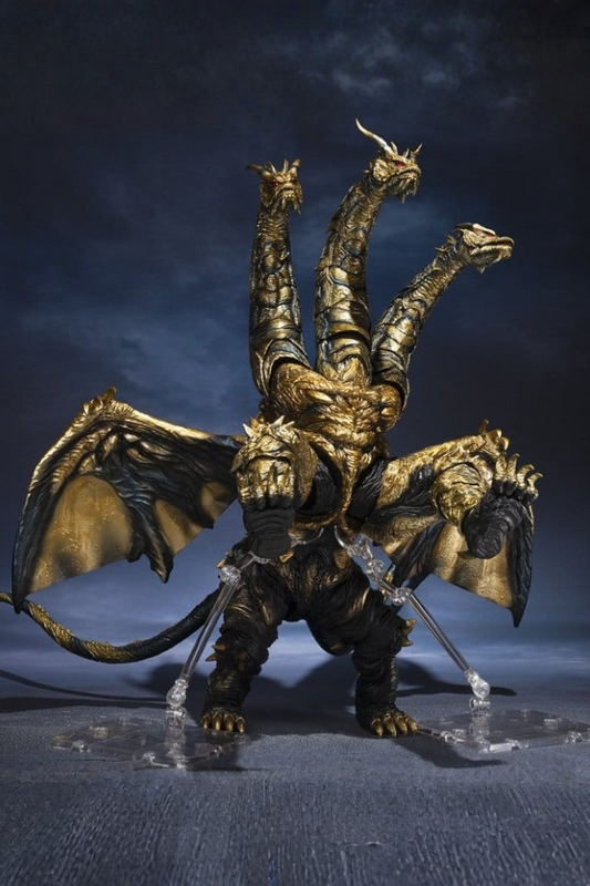 Figura de Kaizer Ghidorah de Godzilla Final Wars, colección S.H.MonsterArts de Tamashii Nations, de 25 cm, con tres cabezas, grandes alas, largas colas y acabado dorado.