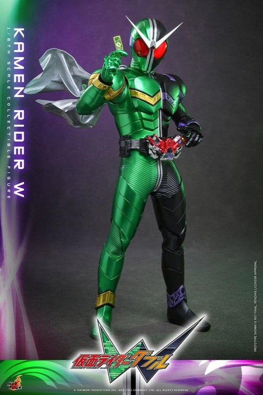 Figura 1/6 de Kamen Rider W Cyclone Joker de Hot Toys, de aproximadamente 31 cm, con armadura Cyclone Joker, iluminación LED y accesorios.