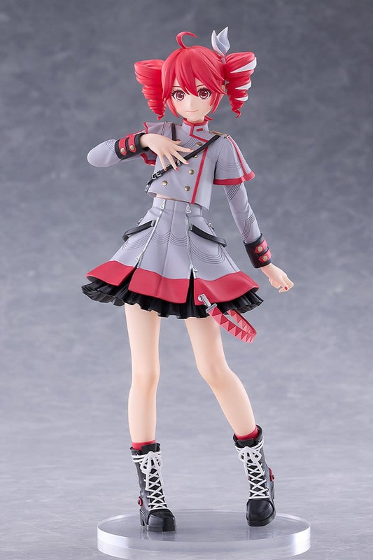 Figura Kasane Teto Synthesizer V AI Ver. de Good Smile Company, colección POP UP PARADE L de 22 cm, con cabello rojo en tirabuzones y vestido gris con detalles rojos y negros.