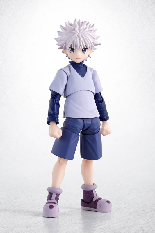 Figura S.H.Figuarts de Killua Zoldyck de Hunter x Hunter, fabricada por Tamashii Nations con múltiples articulaciones, efectos de electricidad, accesorios y una altura aproximada de 14 cm.