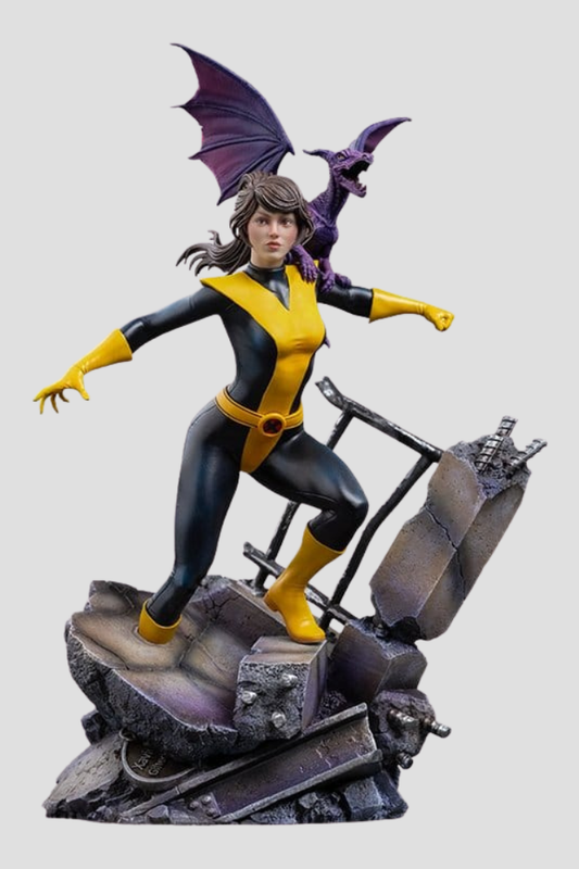 Estatua Kitty Pryde & Lockheed de X-Men Comics BDS Art Scale 1/10 de Iron Studios, fabricada en resina y con aproximadamente 24 cm de altura.