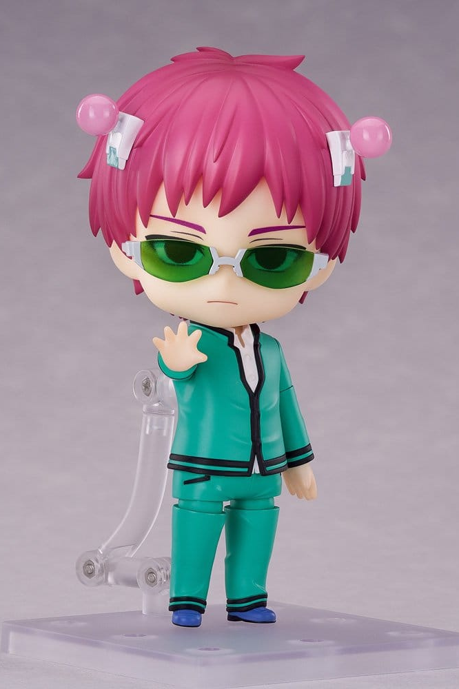 Figura Nendoroid articulada de Kusuo Saiki de The Disastrous Life of Saiki K., fabricada por Good Smile Company, de 10 cm, con gafas verdes, uniforme escolar, rostros intercambiables y accesorios.