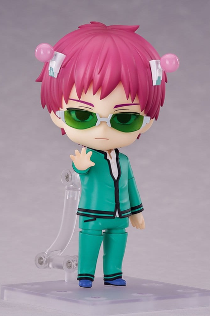 Figura Nendoroid articulada de Kusuo Saiki de The Disastrous Life of Saiki K., fabricada por Good Smile Company, de 10 cm, con gafas verdes, uniforme escolar, rostros intercambiables y accesorios.