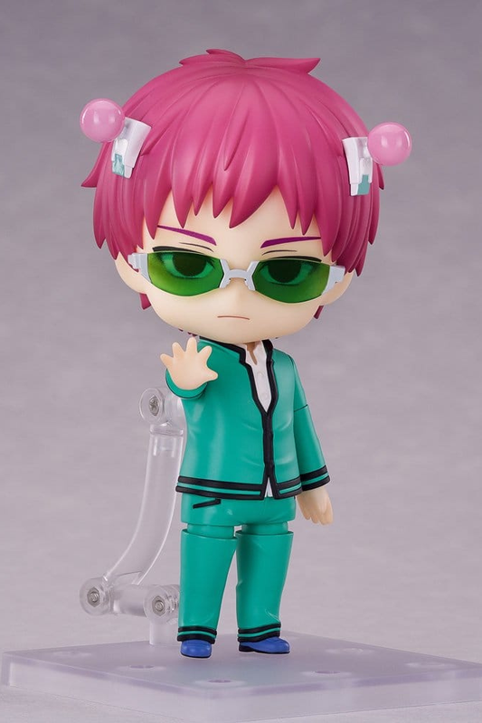 Figura Nendoroid articulada de Kusuo Saiki de The Disastrous Life of Saiki K., fabricada por Good Smile Company, de 10 cm, con gafas verdes, uniforme escolar, rostros intercambiables y accesorios.