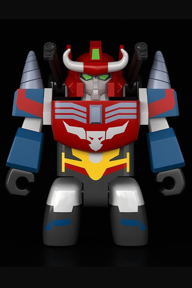 Figura Brickroid Land Bison de The Brave Fighter of Legend Da-Garn de Good Smile Company, robot articulado de 5 cm con armadura roja y azul, cuernos blancos y diseño de bloques.