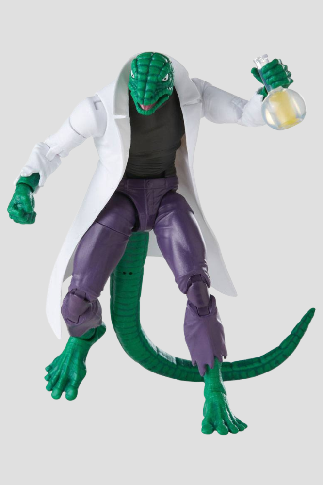 Figura articulada de Lizard de Spider-Man Marvel Legends de Hasbro de aproximadamente 15 cm, con bata blanca de laboratorio y accesorio científico.