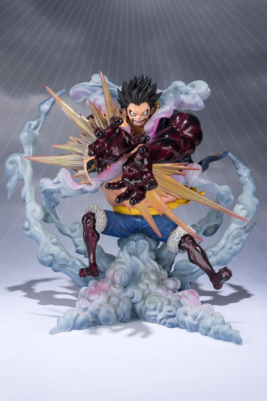 Estatua FiguartsZERO de Monkey D. Luffy Gear 4 Leo Bazooka Reissue de One Piece, fabricada por Tamashii Nations en PVC con una altura aproximada de 18 cm.