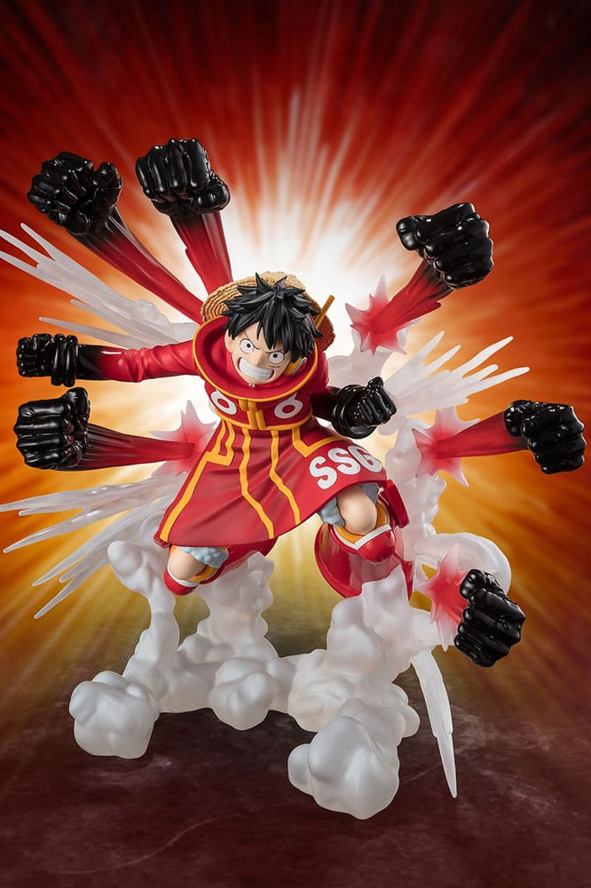 Estatua FiguartsZERO Extra Battle de Monkey D. Luffy Gum Gum Hawk Gatling de One Piece, fabricada por Tamashii Nations en PVC con una altura aproximada de 19 cm.