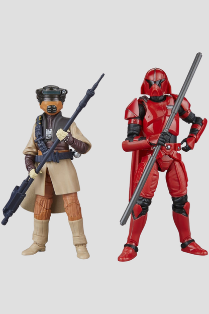 Pack de dos figuras articuladas Star Wars The Black Series de Hasbro, con Luke Skywalker vestido de Guardia Imperial roja y Princesa Leia Organa con el atuendo de Boushh, inspirados en Shadows of the Empire, de aproximadamente 15 cm.
