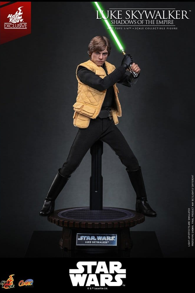 Figura Hot Toys de Luke Skywalker Shadows of the Empire a escala 1/6 de 28 cm con sable de luz verde, bláster DL-18 y vestuario inspirado en el cómic de Star Wars.